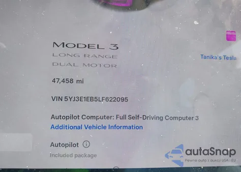 2020 Tesla Model 3 Long Range Dual Motor All-Wheel Drive from USA, damaged, VIN 5YJ3E1EB5LF622095